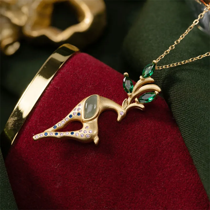 

Uglyless Jumping Deer Earrings for Women Water Drop Natural Jade Pendants Necklaces 925 Silver Zircons Deer Animals Jewelry Sets