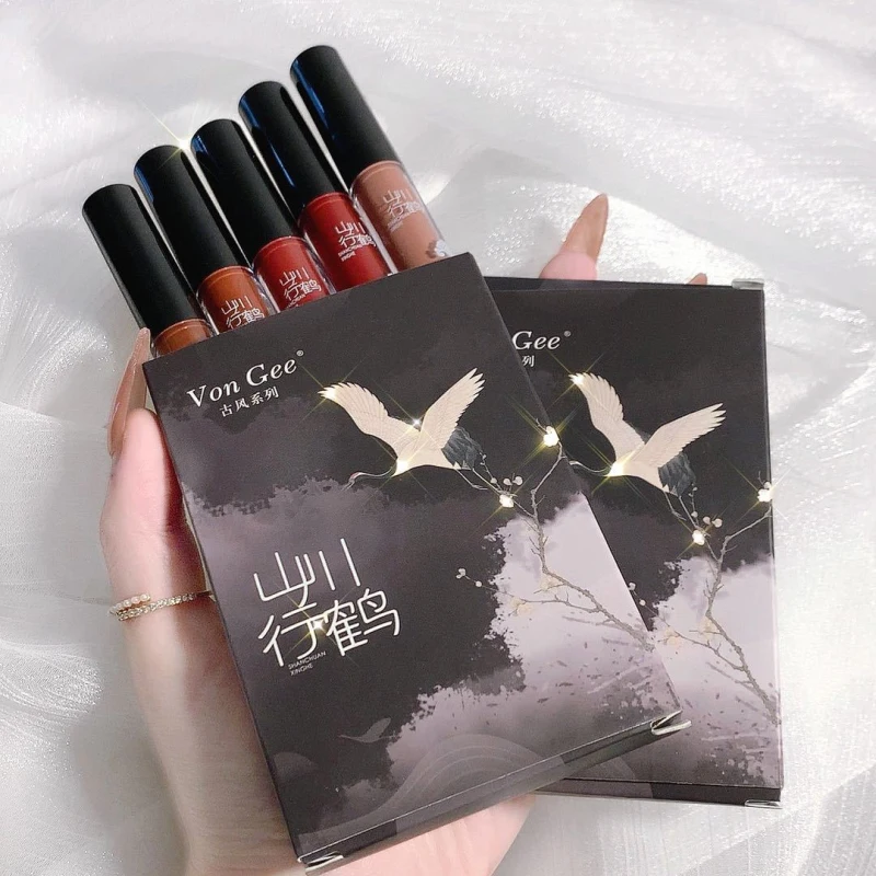 

5Pcs/Set Lipstick Chinese Retro Style Velvet Matte Lip Gloss Chestnut Waterproof Lasting Matte Lipstick Cosmetics Make Up