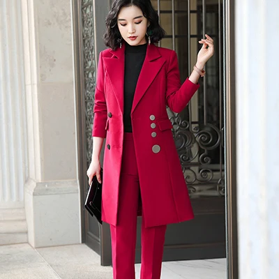 Red Pant Suit Высококачественный Элегантный женский брючный костюм, Длинный блейзер и брюки, 2 предмета в комплекте, зеленый, красный, черный, для офисных леди - Цвет: Red Pant Suit