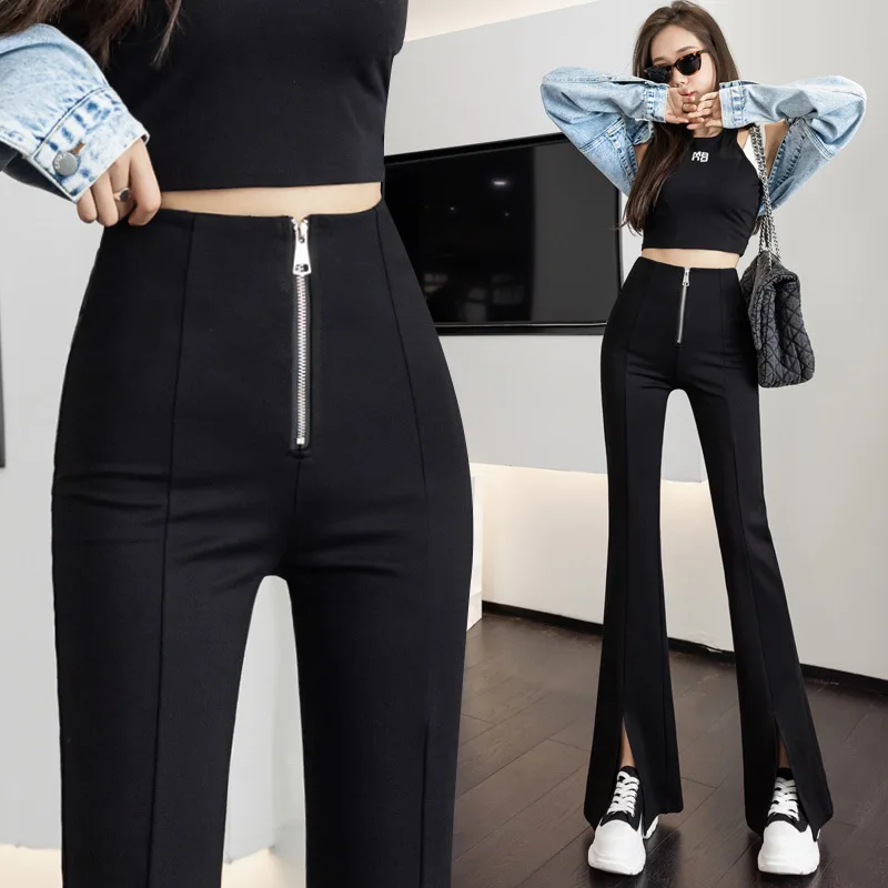 

Модные брюки с разрезом, облегающие брюки-клеш, женские осенние брюки с широкими штанинами, повседневные драпированные брюки с завышенной т...