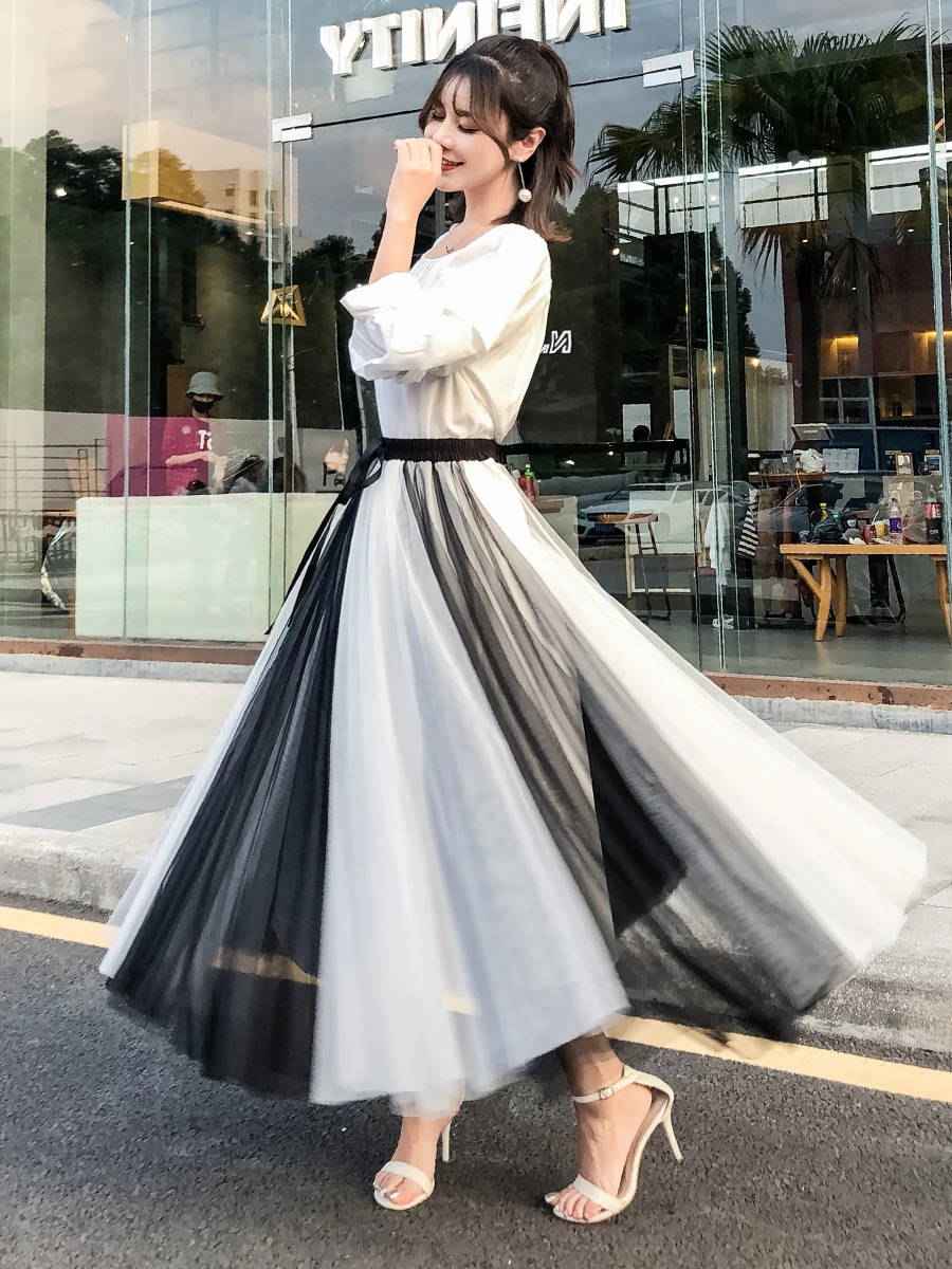 Летняя Милая цветная Лоскутная сетчатая плиссированная юбка для женщин, эластичная Свободная юбка трапециевидной формы с завышенной талией для женщин