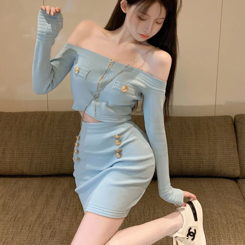

Korean Fashion Sweet Skirt Suits Autumn Small Fragrance Knitted Two Piece Set Women Zipper Sweater Crop Top Bodycon Skirts Sets