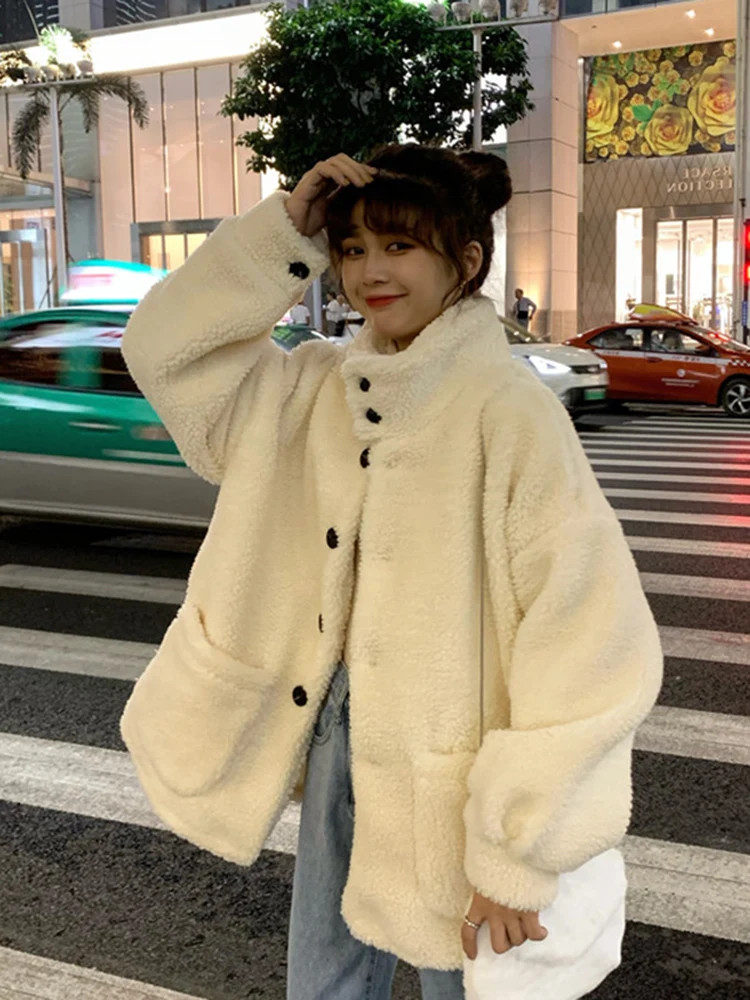 Lambs coat women's new single row black button Mock Neck granular sweater warm woolen in autumn and winter 2019 women | Женская