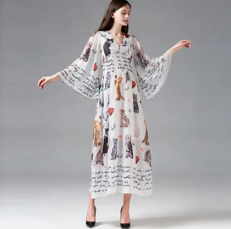 

Women's spring autumn long sleeve vintage letter print long dress female runway fashion high waist wide sleeve long dress TB747
