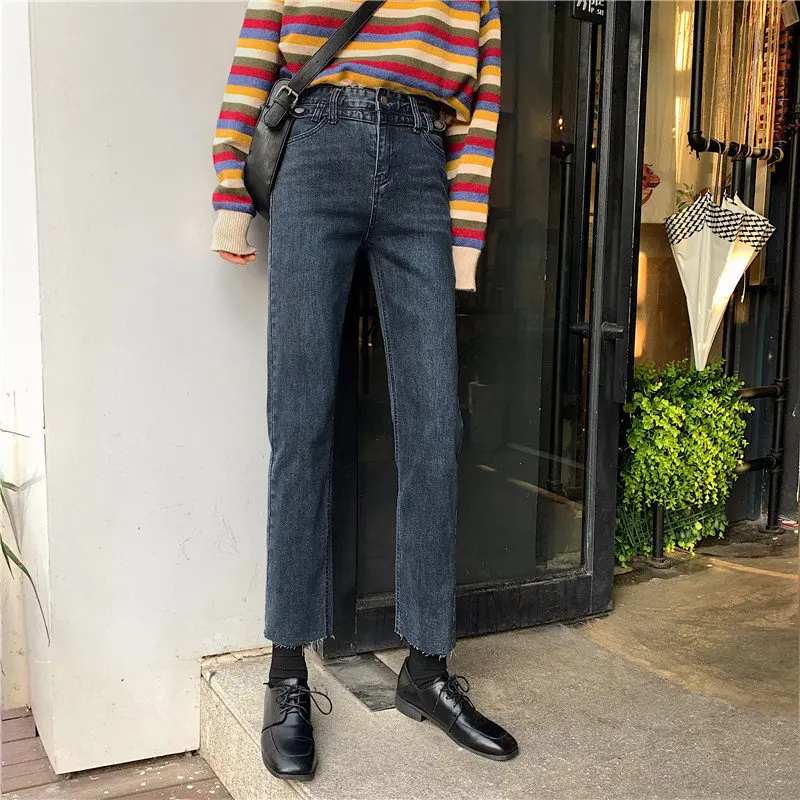 

Casual Fresh Light Washed Streetwear Large Size Trousers Dark-Blue Slender Vintage Elastic All Match