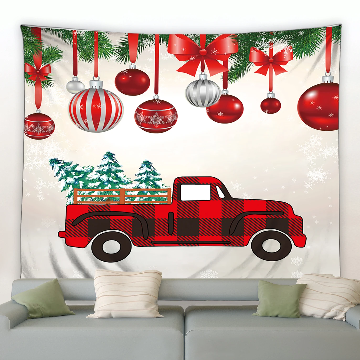 

Merry Christmas Tapestry Wall Hanging Xmas Balls Xmas Tree Red Truck Santa Claus Winter Festival Living Bedroom Decor Blanket
