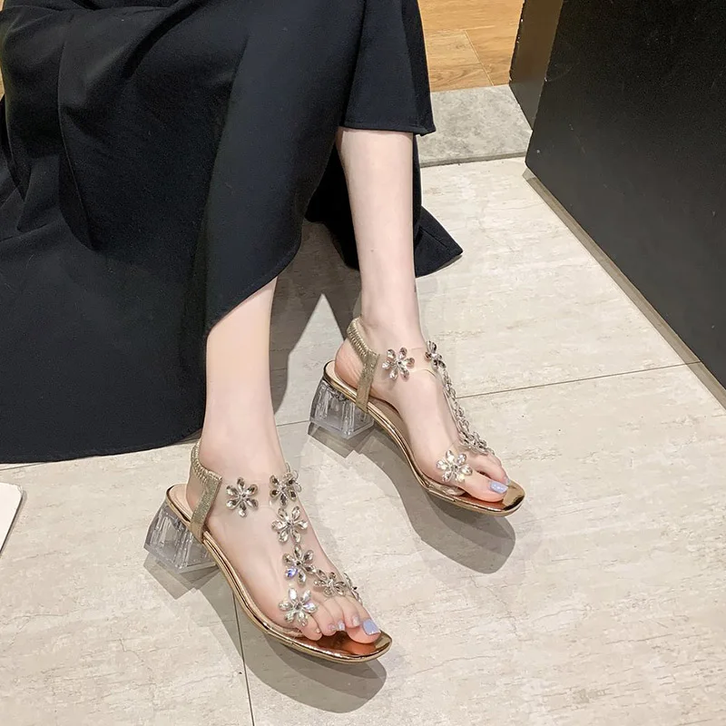 

Block Heels Female Sandal Black Shoes for Women 2021 Summer Chunky Girls Beige High Plastic Fashion Rhinestone Clear Comfort New