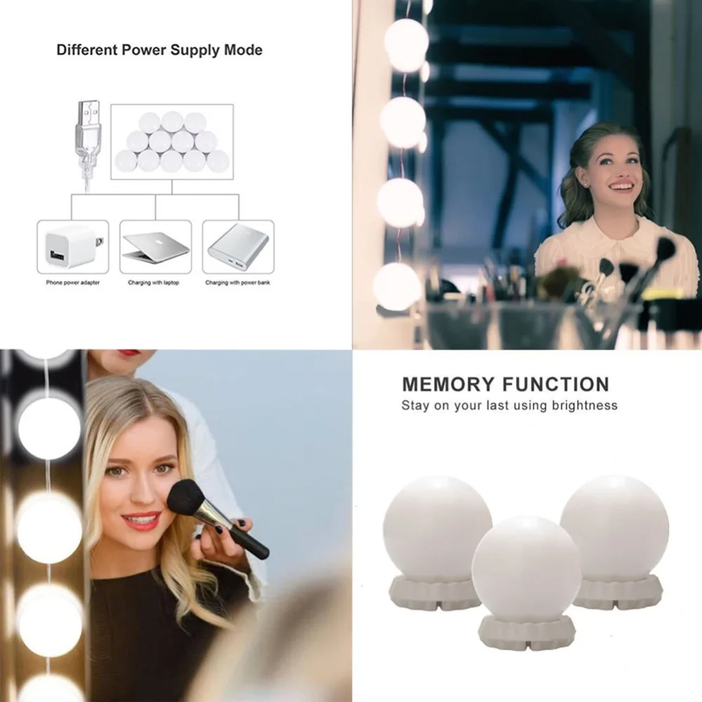 6 10 14 лампочек светодиодный 12 в зеркало для макияжа с подсветкой Лампа голливудская группа ламп Плавная регулировкая яркости USB настенный светильник комплект для туалетного столика