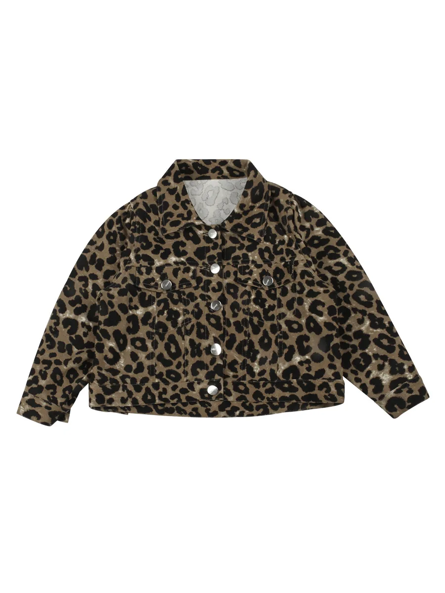 

2021 spring and autumn western style children's leopard print children's jacket single-breasted short long-sleeved top