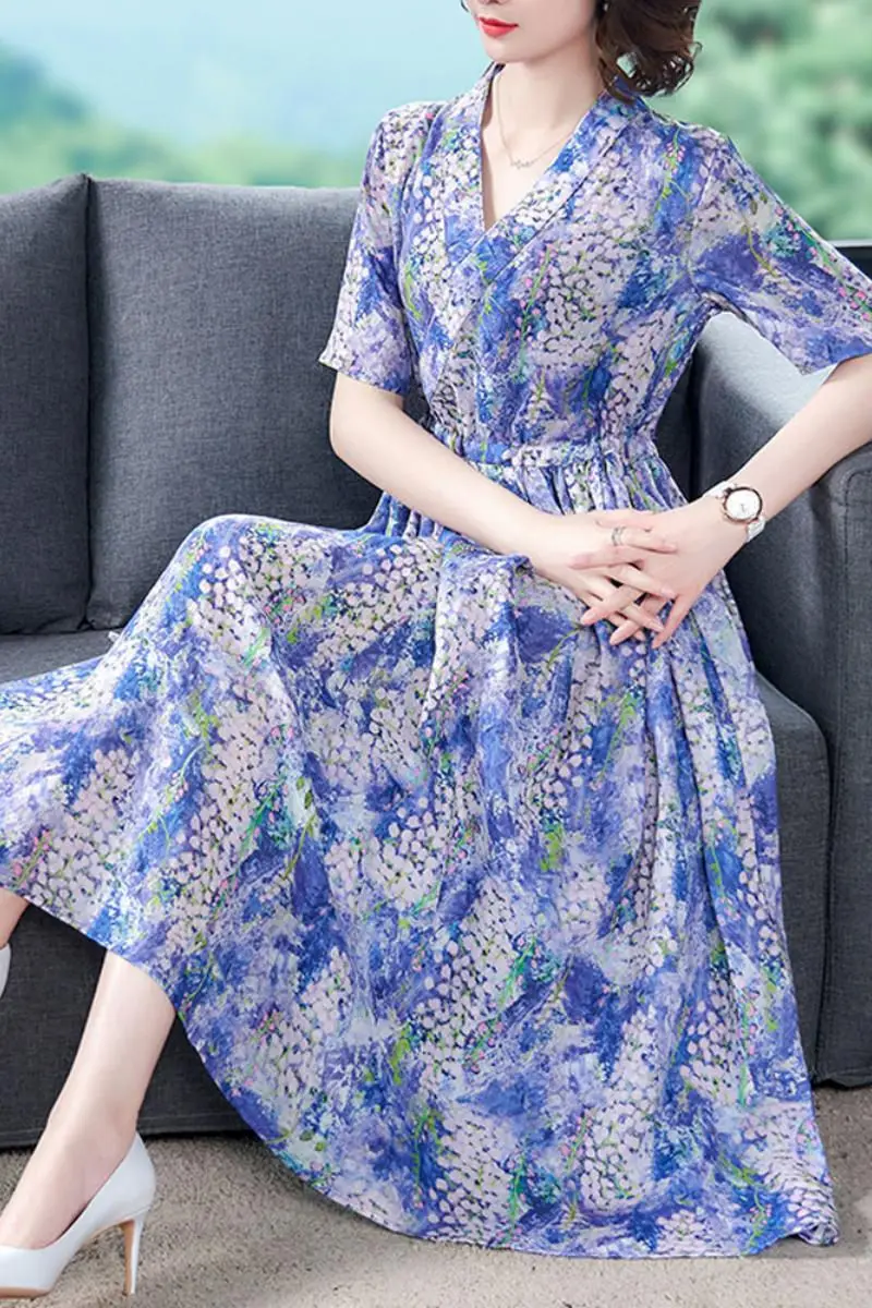 

Chiffon Dress Summer 2021 New Mid-Length Slim V-Neck Mother Temperament Seaside Holiday Style Short Sleeve Floral Dress ZH985