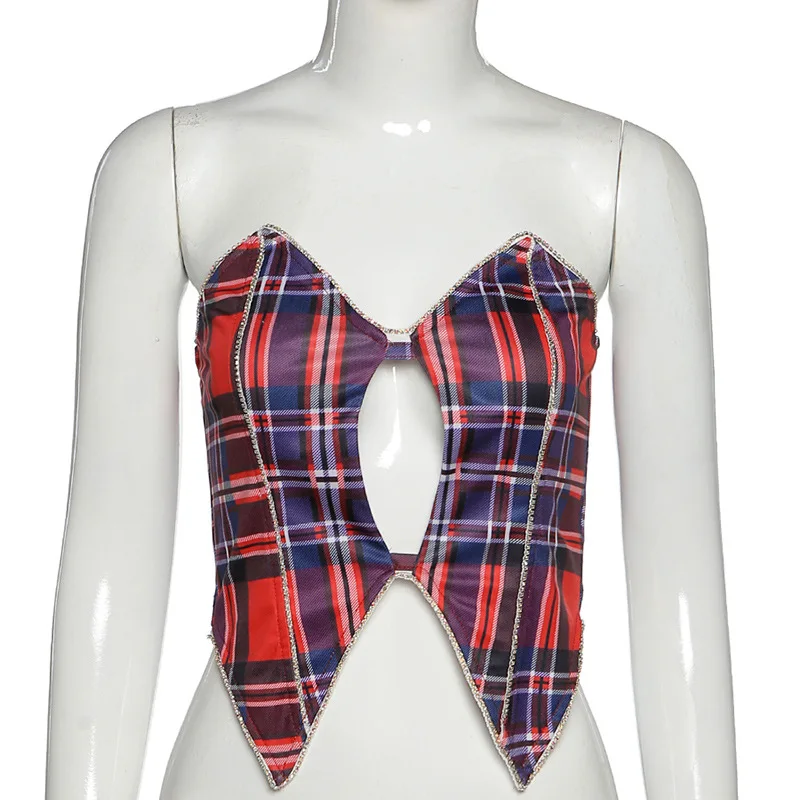 Сексуальный Топ без бретелек с открытыми плечами клетчатый бюстье укороченный