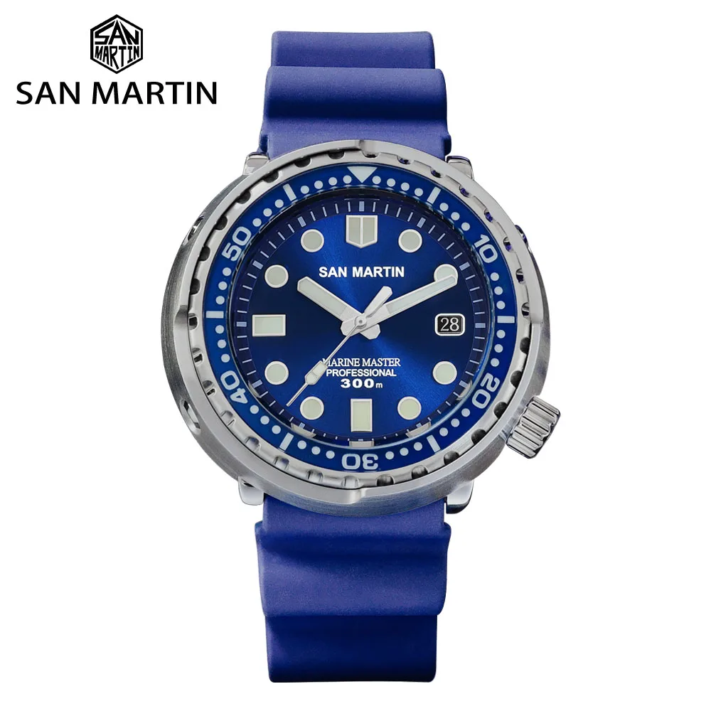 

San Martin Tuna Diver Stainless Steel Men Automatic Mechanical Watch Date Windows Enamel Sunray Dial Fluorine Rubber Strap