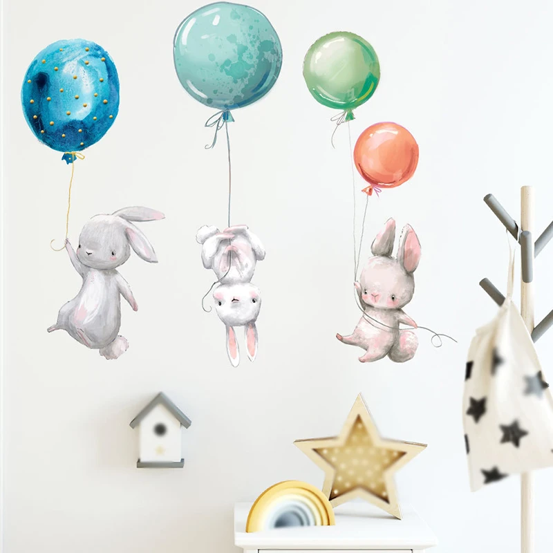 

Animal Cartoon Wall Stickers For Kids Rooms Balloon Bunny Decorative 3D Wall Stickers For Children Rooms Large Kids Wall Decals