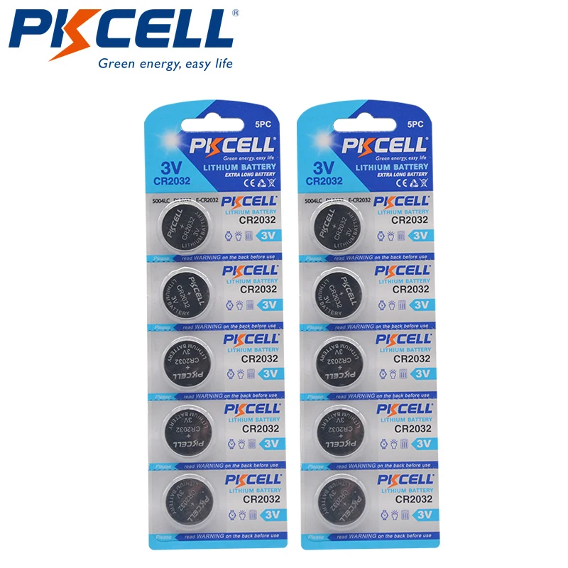 

10PCS PKCELL CR2032 2032 3V Button Batteries BR2032 DL2032 ECR2032 Unrechargeable batteries 3V LiMnO2 Button Coin Cells Battery