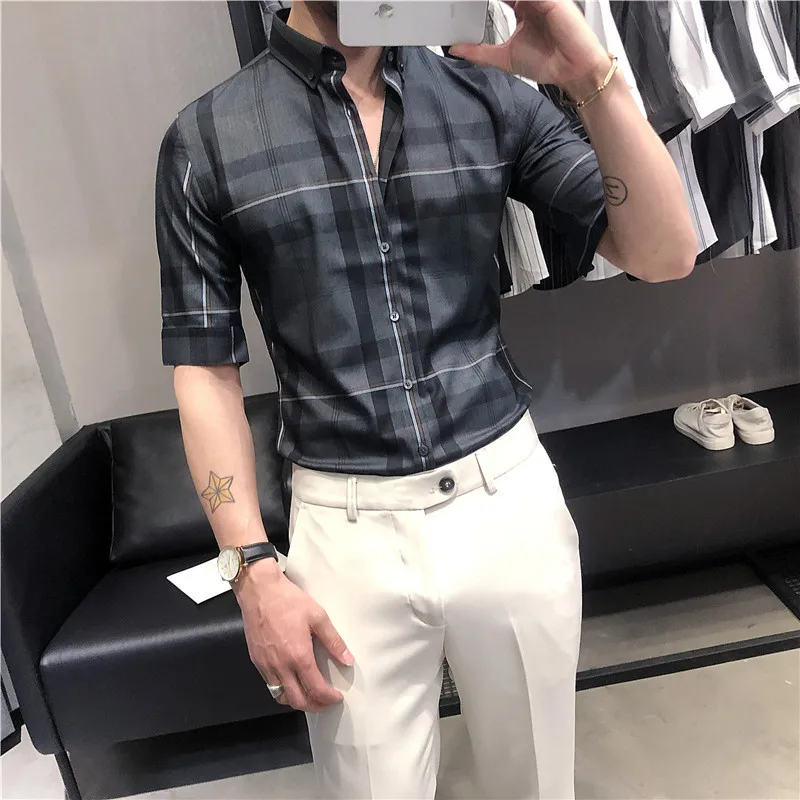 

High Quality Plaid Men Shirt Half Sleeve Slim Fit Casual Shirt Male Business Formal Dress Shirts Social Party Vintage Mens Tops
