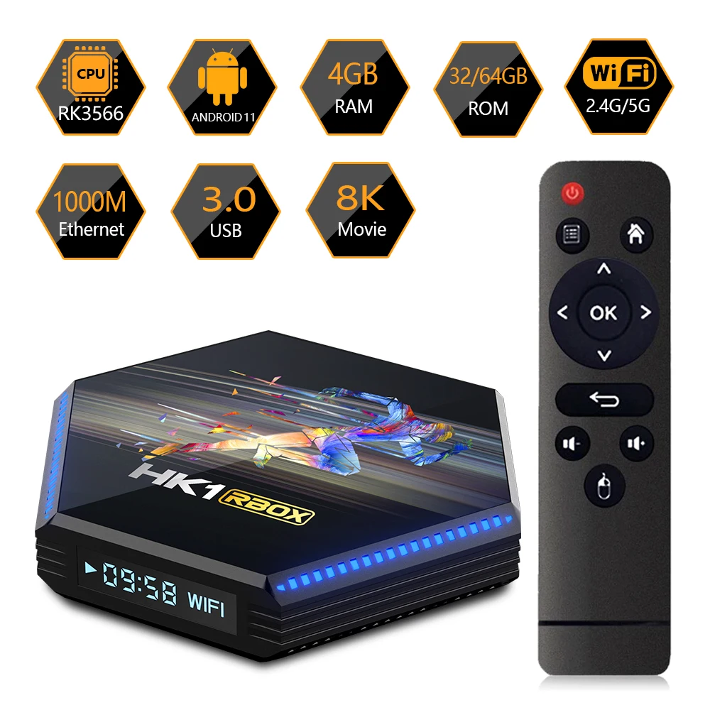 

Android 11.0 TV Box,HK1 RBOX R2 RAM 4GB ROM 64GB RK3566 Quad-Core 2.4/5.8G Wfi H.265 USB3.0 1000M 3D 4K BT4.2 TV Box Android 11