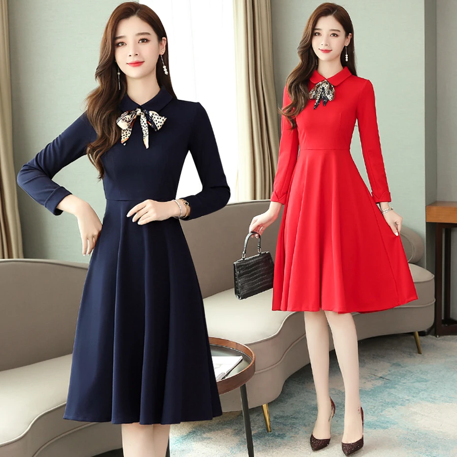 

Spring Slim Navy Midi Long Sleeve Women Dress Party Night Elegant Casual Office Red Runway 2020 Vestidos Korean Style Pure Color