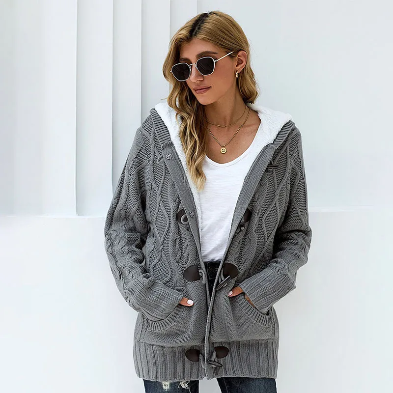 

Fashion Winter Sweater Women Jacket Plus Velvet Warm Long-sleeved European and American Casual Hooded Ladies Knitted Cardigan