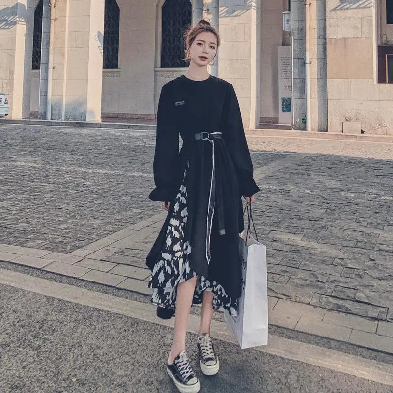 

2021 New Spring and Autumn Design Fake Two-piece Stitching Long Skirt Waist Retro Hepburn Style Dress Female Dress for Women