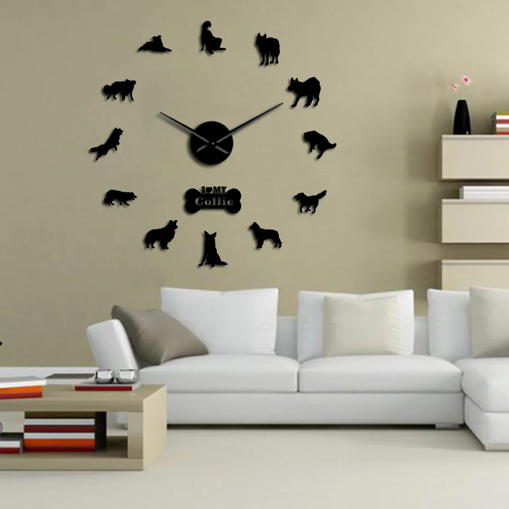 Dog Breed Border Collie Silhouette Wall Sticker Frameless DIY Giant Clock Home Decor Scottish Sheepdog Paw | Дом и сад
