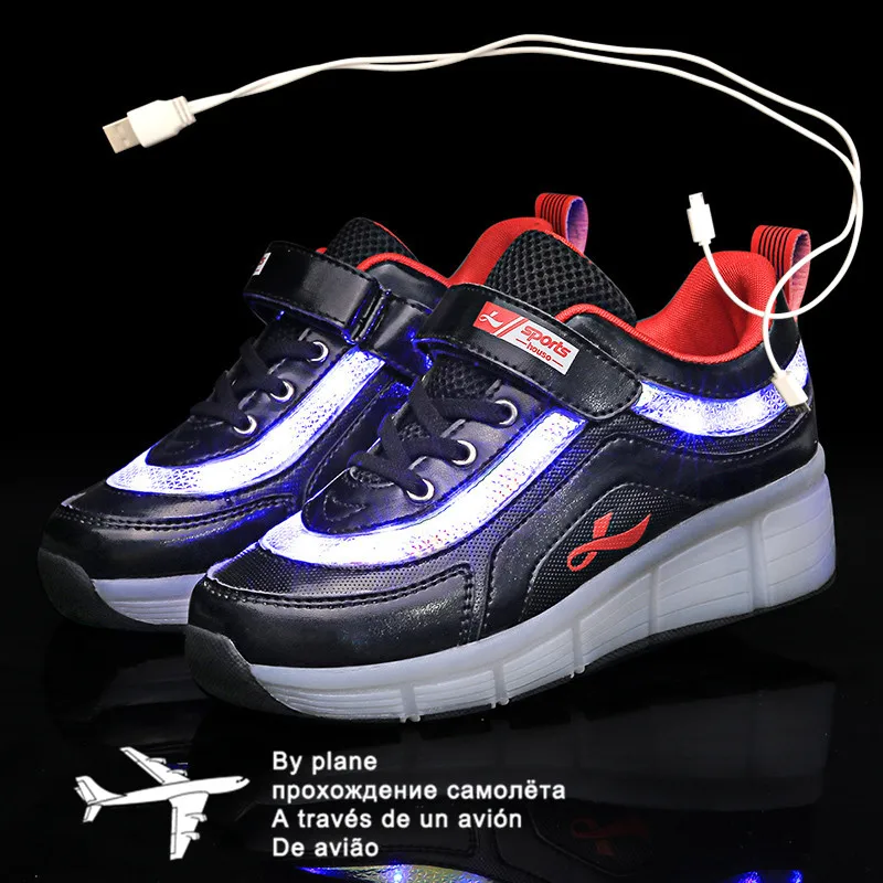 

29-40 Pink White USB Charging Fashion Girls Boys LED Light Roller Skate Shoes For Children Kids Sneakers With Wheels One wheels
