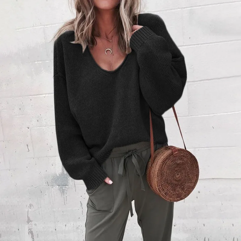 

2021 autumn and winter women's streetwear V-neck long-sleeved pullover loose solid color jacket Fashion women's sweater casual k