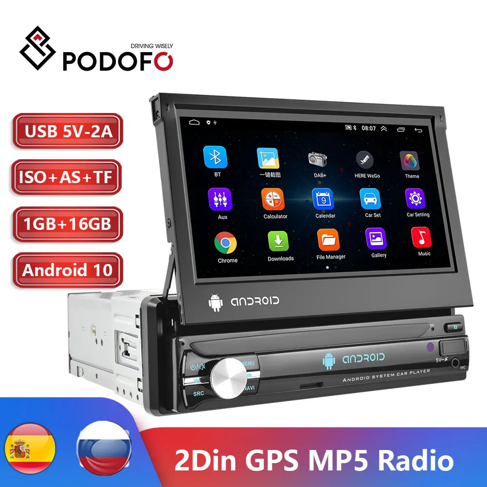 Автомобильный мультимедийный плеер Podofo, проигрыватель на Android 10, с четырехъядерным процессором, GPS, Wi-Fi, Bluetooth, MP5, 7 дюймов, Типоразмер 1 DIN, без DVD