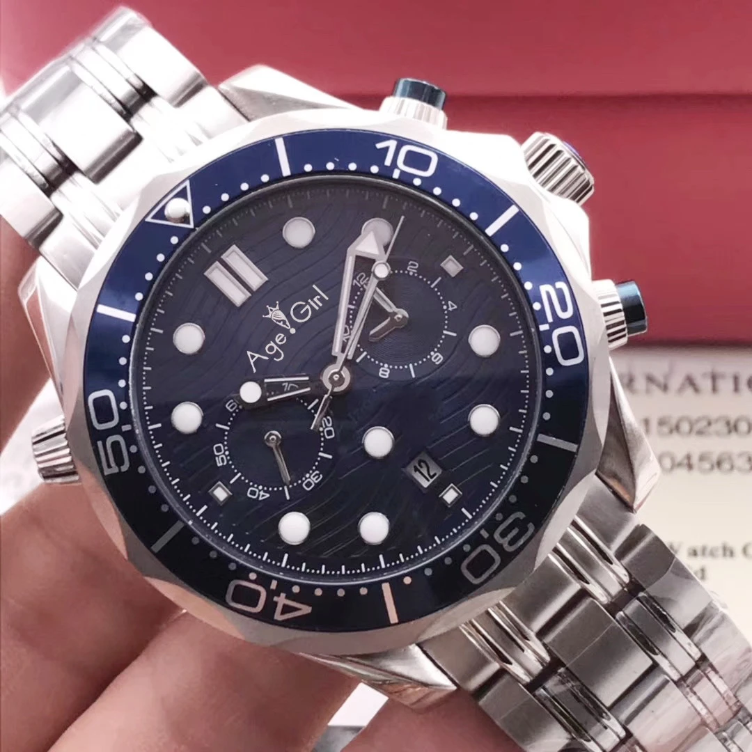

Luxury New Men Automatic Mechanical Watch Silver Blue James Bond 007 Ceramic Bezel Sapphire Master Watches AAA+ 44MM