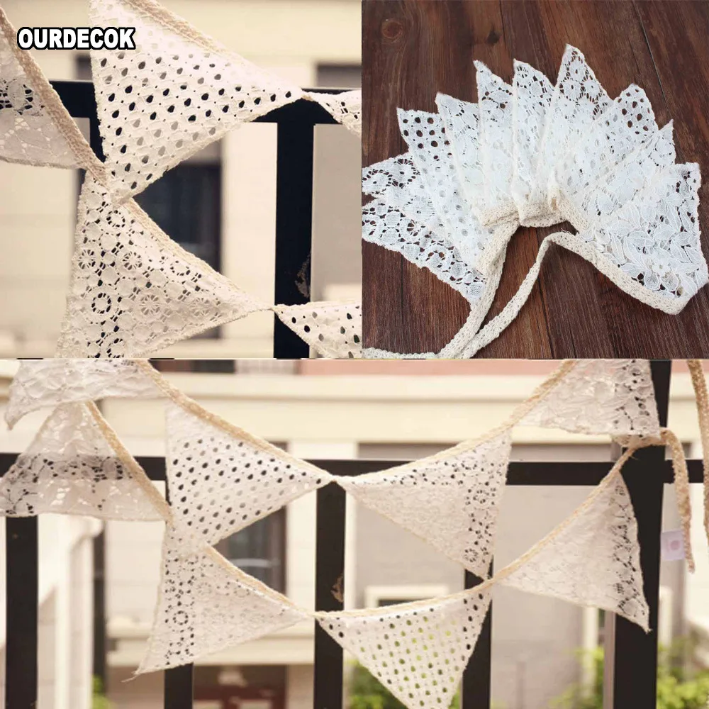 10Pcs/lot Vintage 2.1M White Cotton Lace 10 Flags Bunting Pennant Banner for Wedding Holiday Party Celebration Decoration | Дом и сад