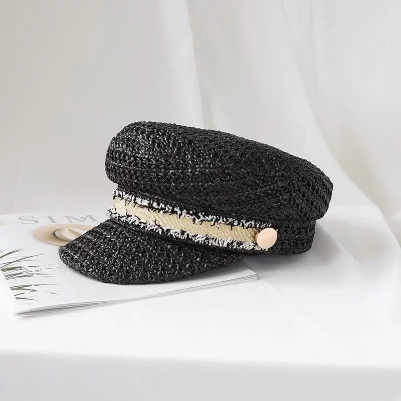 

2021 New Spring Summer Tide Hat Ladies Japanese Octagonal Cap Small Fragrance Hollow Retro Navy Hat Outdoor Beret Straw Hats