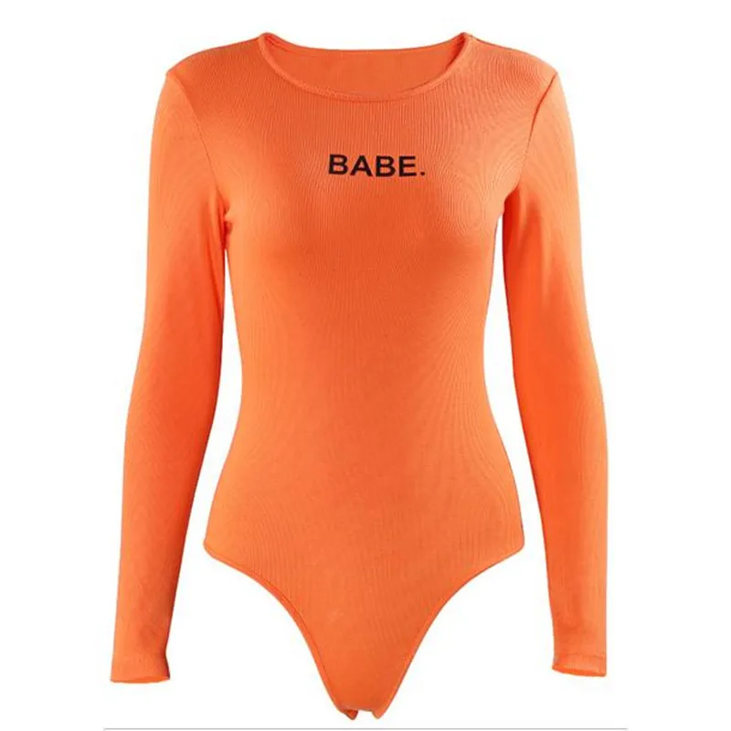 Модные, пикантные Для женщин Babe буквы Длинные рукава трико Повседневное узкие трико осень-зима с О-образным вырезом Одна деталь боди; трико; Лидер продаж