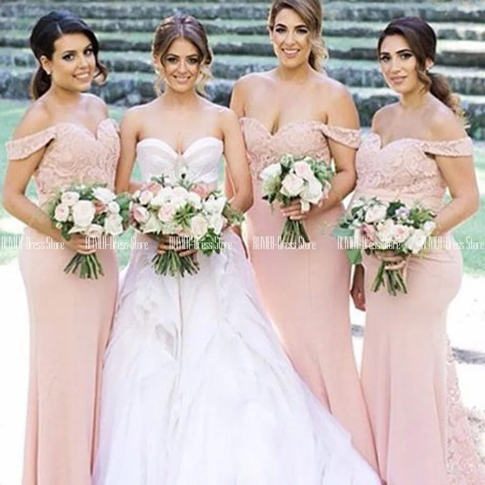 

Blush Pink Mermaid Bridesmaid Dresses With Lace Top Off The Shoulder Wedding Party Dress With Lace Train Zipper Up Back Vestidos