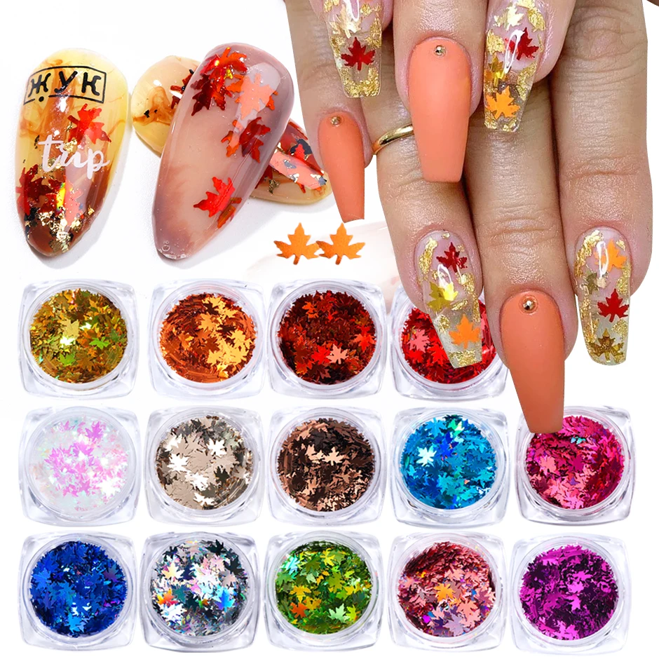 

14Box Holographic Maple Leaves Nail Glitter Flakes Sparkly Sequin For Nail Art Paillette Fall Winter Manicure Paillette GL1528-1