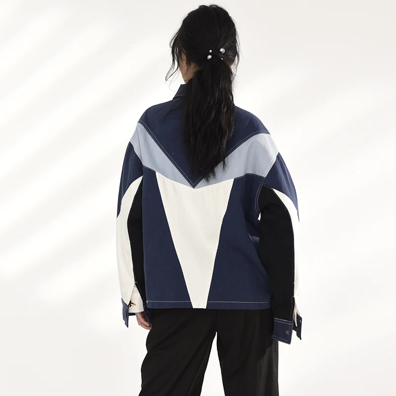 

Blue Loose Denim Conrtast Color Big Size Jacket New Lapel Long Sleeve Women Coat Fashion Spring Autumn 2021 1DB10306