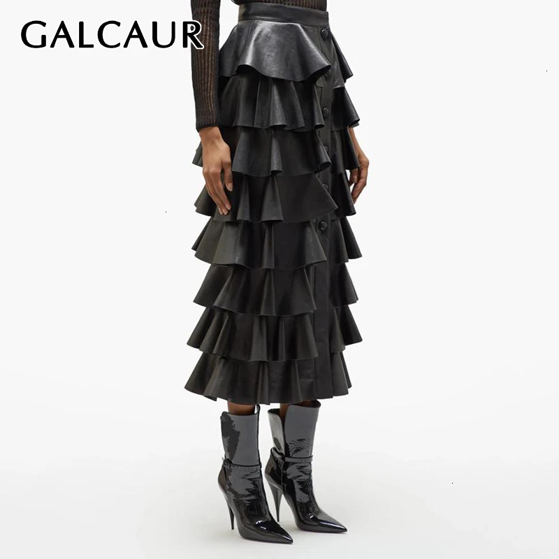 GALCAUR/черные женские юбки из искусственной кожи с оборками высокая талия пуговицы