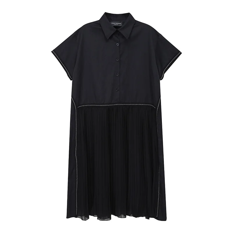 

New Fashion Woman Summer Korean Style Black Pleated Shirt Dress Chiffon Patchwork Lapel Ladies Cute Casual Midi Dress Robe 6168