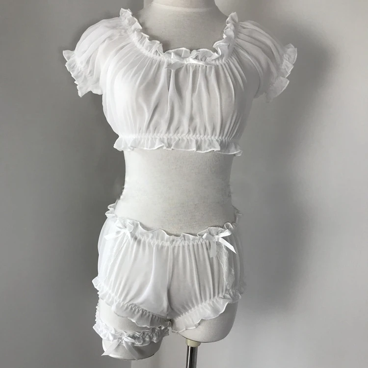 Vrouwen Sheer Sterren Ultra-dunne Gaas Ruches Off Shoulder Mouwen Tops Shorts Been Ring Ondergoed Set Verleiding Sexy Pyjama | Женская