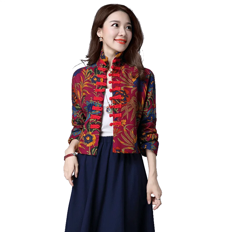 

Women Red Floral Shirt Vintage Blouse Traditional Chinese Tang Clothing Oriental Tops Retro Mandarin Collar Coat