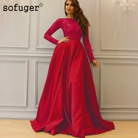 red muslim long sleeves satin evening dress appliques evening dress prom dubai vestidos de fiesta formal dress saudi arabic