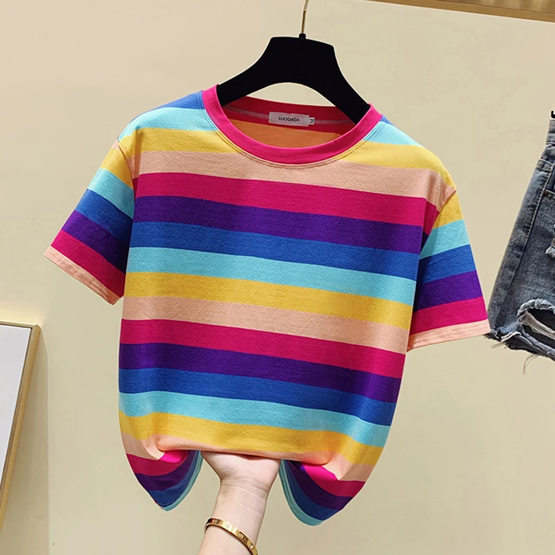 Shintimes New Striped Color Cotton Short Sleeve T Shirt Women 2021 Casual Ladies Summer Shirts Womens Clothing Tee Femme | Женская