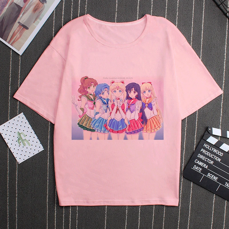 Sailor Moon 90s Funny Pink T Shirt Harajuku Clothes Tshirt Aesthetic Cat Anime Vogue T-shirt Kawaii Graphic Tees Ullzang Women