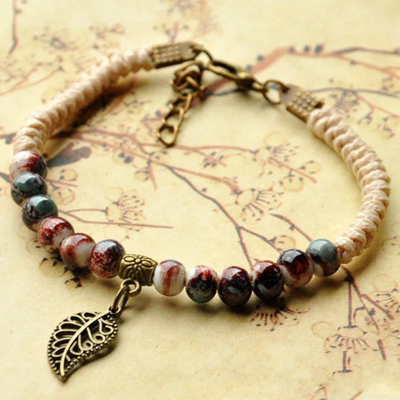 Модные очаровательные керамические круглые бусины Дерево лист браслет