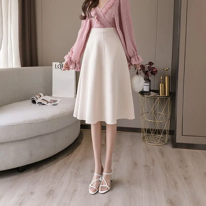 

Vintage A Line Midi Skirt Women Elegant Korean Style Retro Work Wear OL Office Ladies Skirts Black Chic Fashion Jupes