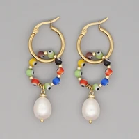 ethnic colored glaze eye beads drop earrings fashion pearl stainless steel hoop earrings for women 2021 summer beach jewelry