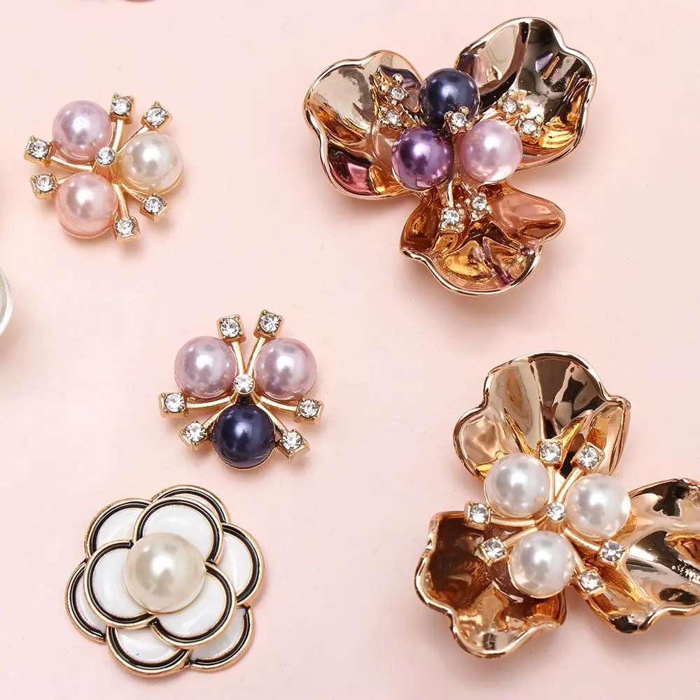 

10PCs Pearl Flower Rhinestone Buttons Sparkling Crystal Hairpins Decor Wedding Decoration DIY Alloy Clothes Sewing Accessories