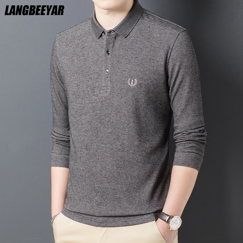 

High End New Fashion Brand Designer Embroidery Solid Color Polo Shirt Men Cotton Casual Plain Long Sleeve Tops Men Clothing
