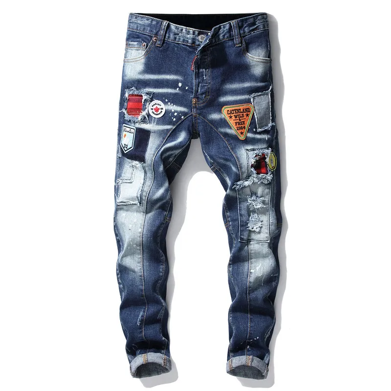 

Spring Summer New Ragged Paint Stitching Men's Slim Stretch Jeans Embroidered Beggar Pants European American Trousers