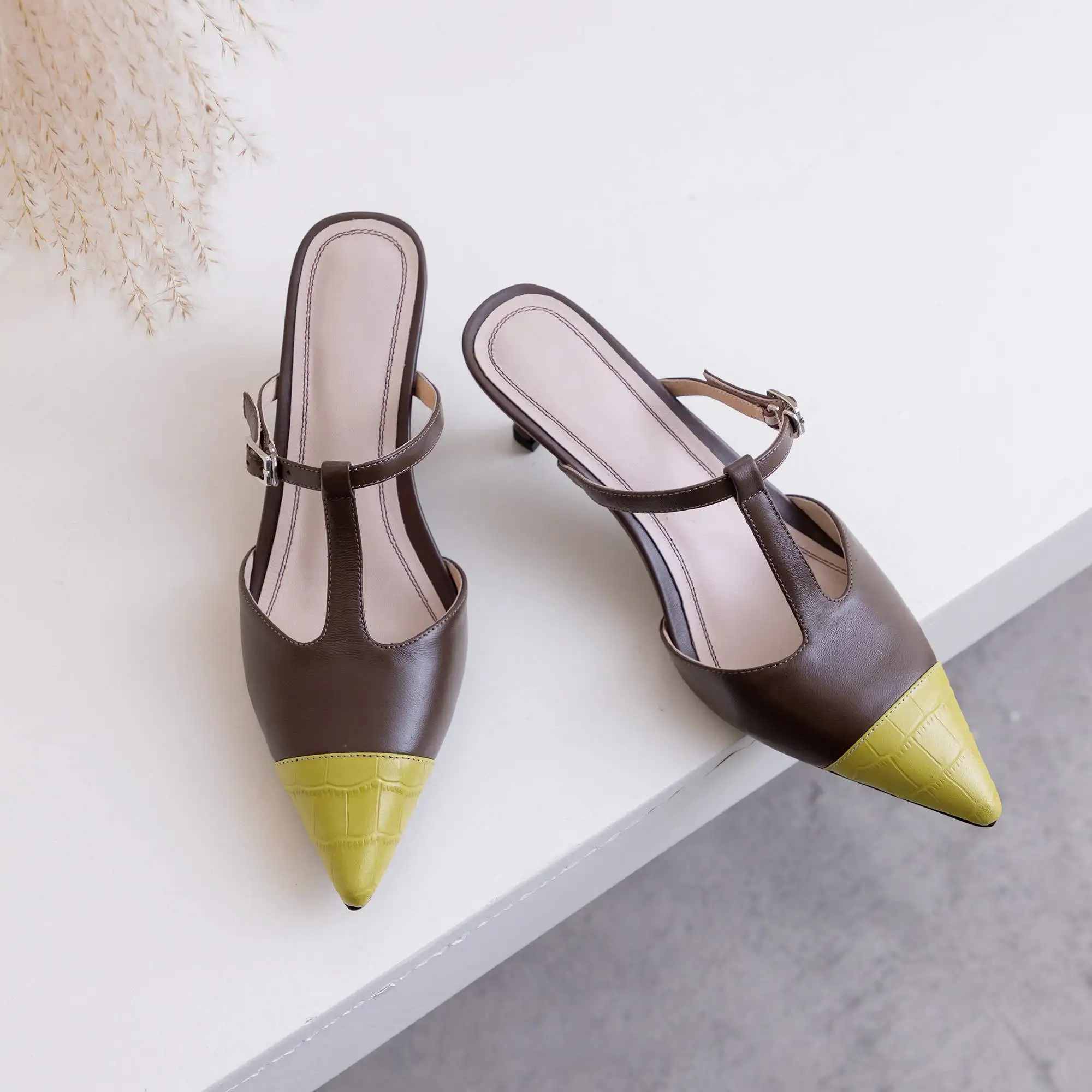 

Lenkisen mixed color full grain leather pointed toe high heels slip on mules buckle decorations mature summer sandals women L45
