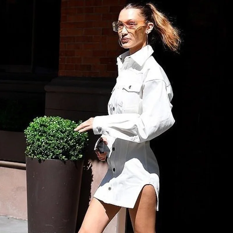 Winter Celebrity White Single-breasted Denim Jacket Dress Women Long Sleeve Jeans Lady Sexy Club Party Mini Vestidos | Женская одежда