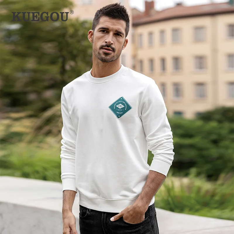 

KUEGOU 2022 Autumn High Quality Casual Hoodies For Men Sweatshirt Letter Print Fashion Streetwear White Top Plus Size 26123